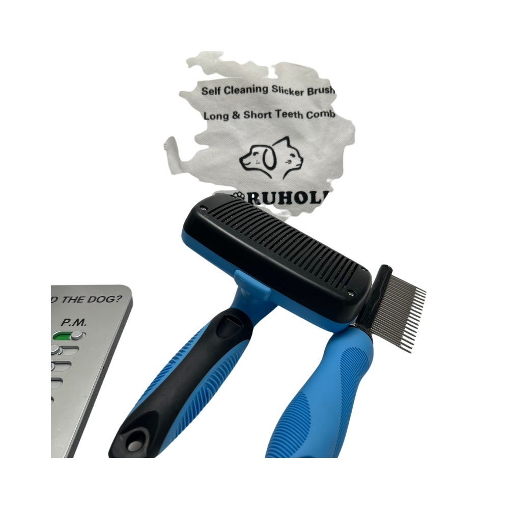 Boruholi Pet Self Cleaning Slicker‎ Brush Comb Grooming Set with Feeder Magnet